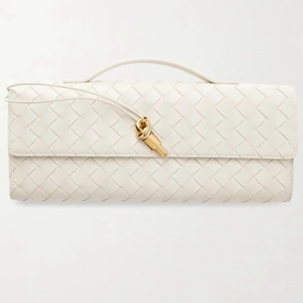 Woven Leather Clutch with Gold Knot Accent in Ivory